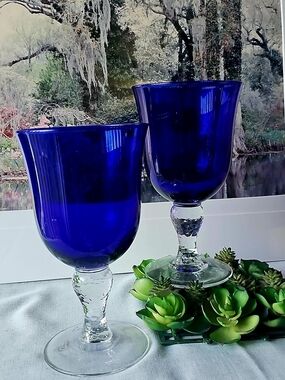 Libbey MARTELLO Cobalt Blue Goblet Wine Glasses - Pair